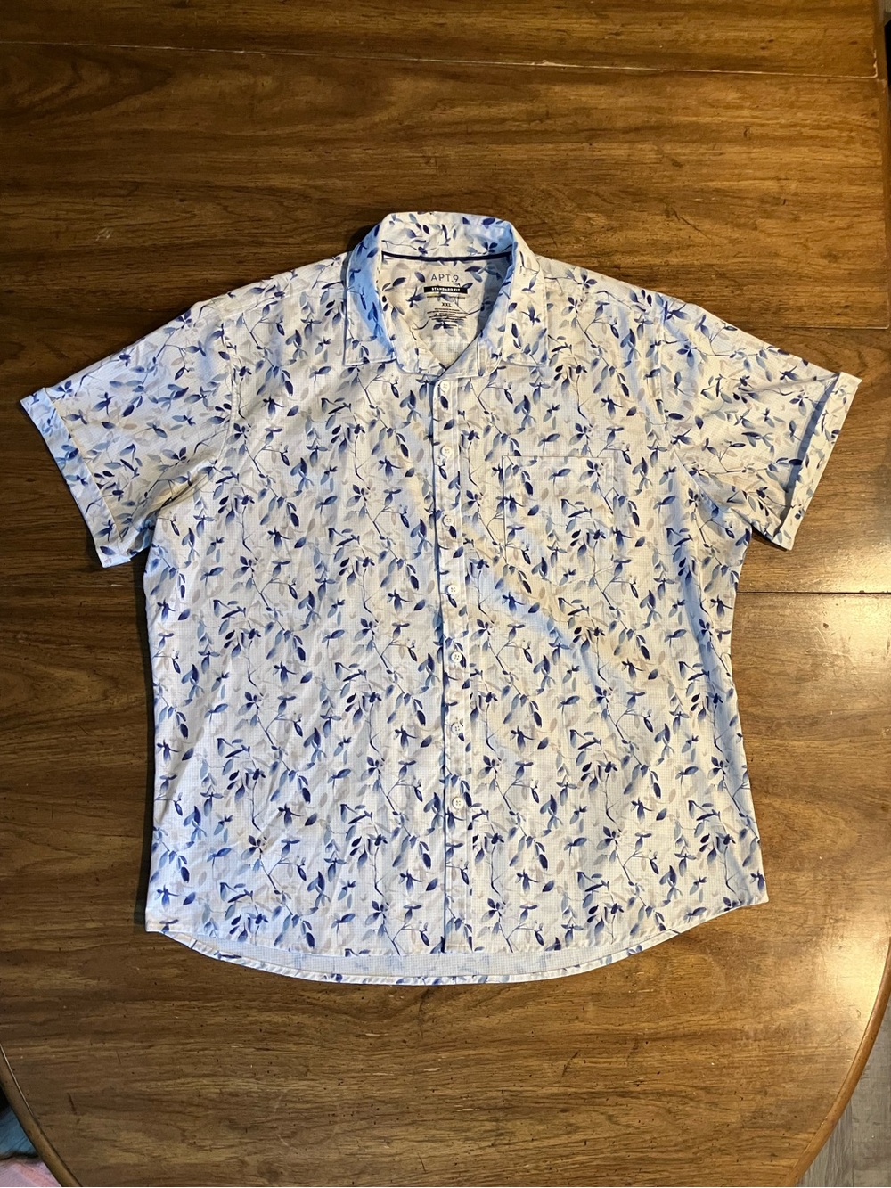 Apt 9 Mens XXL Performance Shirt Blue Botanical Leaf Untucked Fit Short Sleeve